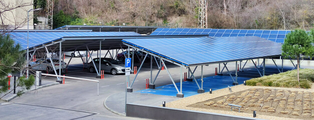 Renewable energy sources - solar panels in a car park in Bulgaria
