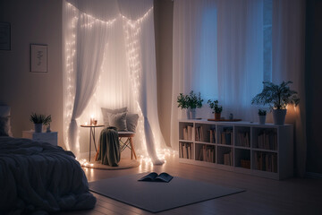 Modern interior design of clean minimalistic bedroom in the night. Super photo realistic background, generative ai illustration
