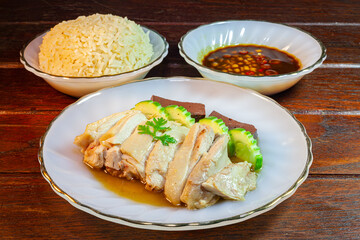 Chicken Rice with Spicy Sauce.