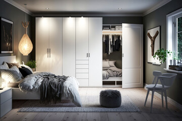 Modern interior design of clean minimalistic bedroom in the night. Super photo realistic background, generative ai illustration