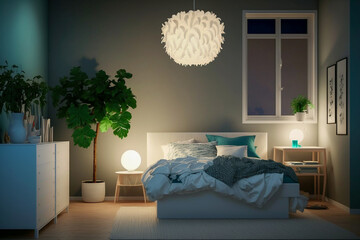 Modern interior design of clean minimalistic bedroom in the night. Super photo realistic background, generative ai illustration