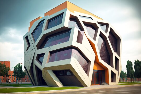 business building with unusual facade design hi-tech style house exterior, created with generative ai