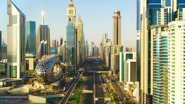 Aerial Flyover of the Museum of the Future and Sheikh Zayed Road, Dubai, United Arab Emirates