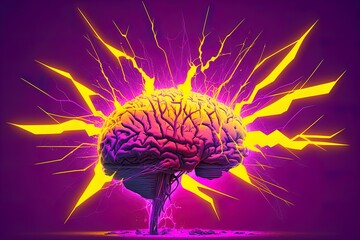 Human brain with yellow lightings on purple background