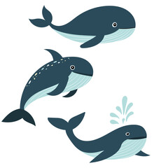 set of blue whale character, cartoon in flat style