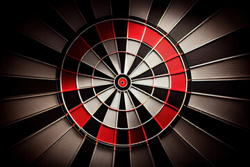 Close up shot red darts arrows in the target center on dark blue sky background. Generative Ai