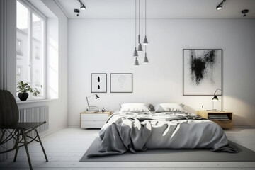 Fototapeta na wymiar Modern interior design of bedroom. Minimalistic clean room with white furniture. Super photo realistic background, generative ai illustration