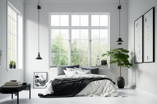 Modern interior design of bedroom. Minimalistic clean room with white furniture. Super photo realistic background, generative ai illustration