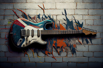 Electric guitar near the grey concrete wall. Generative Ai
