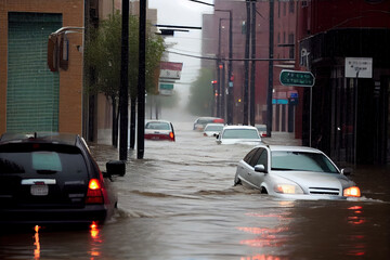 Obraz premium Flooded cars on the street of the city. Heavy rain. Disaster Motor Vehicle Insurance Claim Themed. Generative AI.