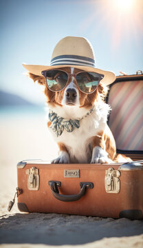 Dog on summer holiday sitiing on a beach wearing a hat and sunglasses in a perfect travel vacation