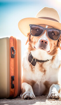 Dog on summer holiday sitiing on a beach wearing a hat and sunglasses in a perfect travel vacation