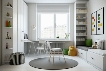 Modern interior of childrens room with white furniture. Super photo realistic background. Generative AI illustration