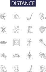 Distance line vector icons and signs. Away, , Interval, Span, Displacement, Measurement, Extension, Length outline vector illustration set