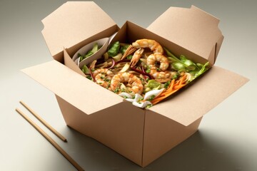 Opened WOK paper box of salad with shrimps and chopsticks. Asian fast food concept. Generative AI