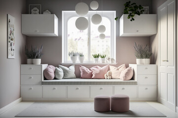 Modern interior of childrens room with white furniture. Super photo realistic background. Generative AI illustration