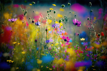 Illustration of a flower meadow in spring. Nature background. (Generative AI)