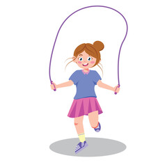 Vector illustration of a cute and pretty girl jumping rope. Cartoon scene with a smiling girl jumping rope isolated on a white background.