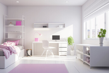 Modern interior of childrens room with white furniture. Super photo realistic background. Generative AI illustration