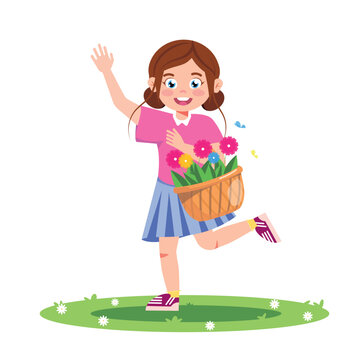 Vector illustration of a cute and beautiful girl with a basket of flowers waving to her friends. Cartoon scene with a smiling girl holding a basket with pink, yellow and blue flowers and butterflies.