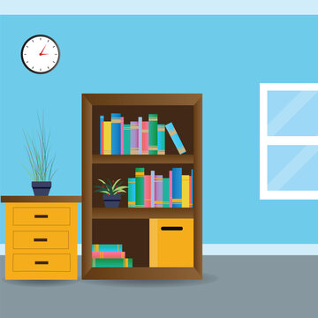 Vector cartoon illustration of empty home office with bookcase, modern interior with table