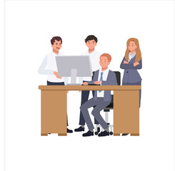 Business concept. Businessman and woman working together, team discussion in front of computer. Flat vector cartoon illustration
