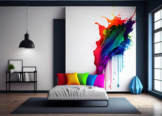 Waiting room with colorful furniture and artistic paintings