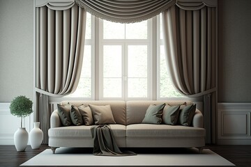 living room with a sofa, windows and curtains copy space. Generative AI