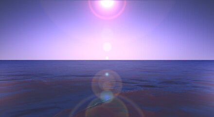 紫の空　南国リゾート早朝の海の水平線と反射した空の色の背景 太陽フレア