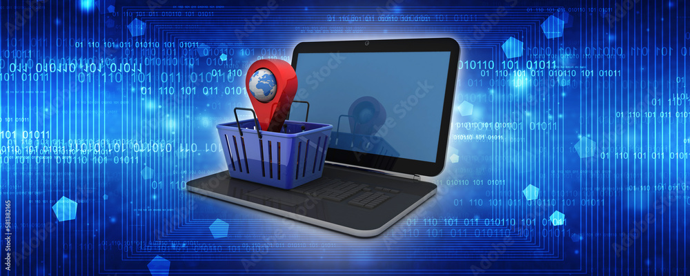 Poster 3d rendering red map pointer in basket on laptop