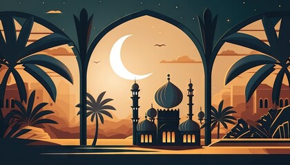 Obraz premium Ramadan's celebration flat style background with Mosque and crescent moon with copy space for text at night generative ai