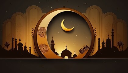 Ramadan's celebration flat style background with Mosque and crescent moon with copy space for text at night generative ai