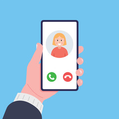 Man holds smartphone with incoming call from his girlfriend. Vector illustration.