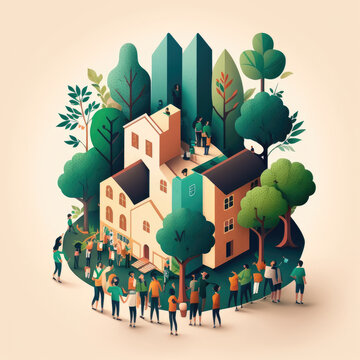 The isometric landscape features a bustling town with houses and trees. Generative AI