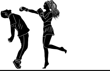 female boxer hitting a punch to a man's silhouette, sketch drawing of a woman boxer punching, line art illustration of a girl boxer in action
