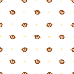 A seamless pattern of monkeys head and bananas. Pattern for fabric, wrapping paper, childrens clothing. Vector illustration in a flat style.