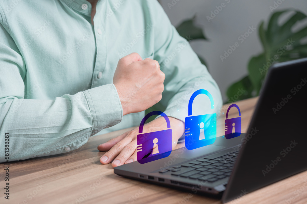 Poster Concept of security identity theft and internet cyber crime. Hacker attack with damage the system and hack the data, Hacking and stealing data. Man using a laptop computer in the cafe.