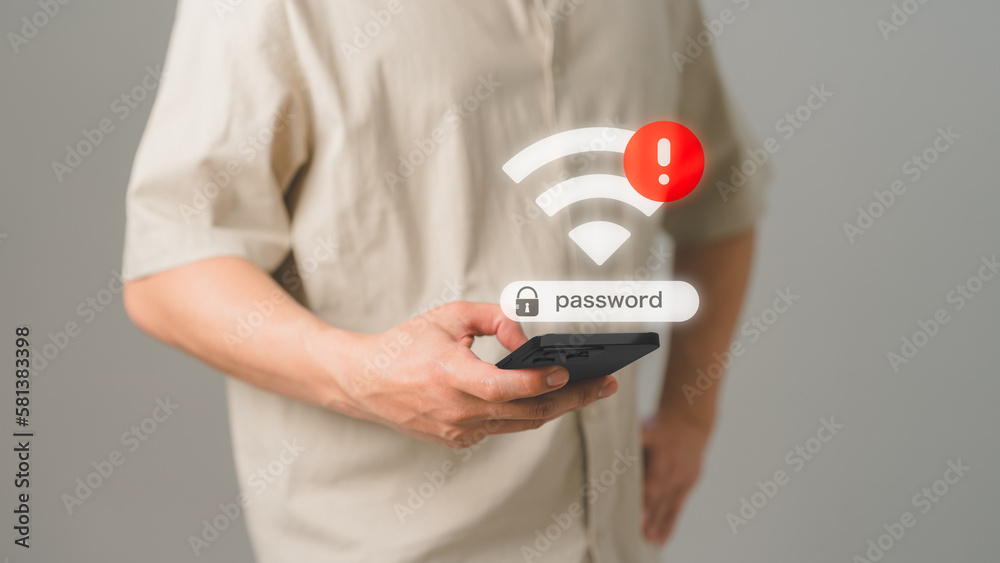 Leinwandbilder Man using a mobile phone to connect to wifi but wifi not connected, and waiting to loading digital business data form website, concept technology of waiting for connect to wifi by smartphone.