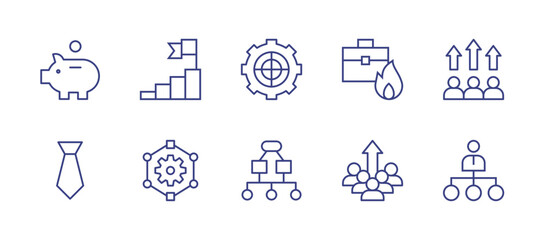 Business line icon set. Editable stroke. Vector illustration. Containing pig, goal, target, work, performance, tie, gear, project management, improvement, hierarchy.