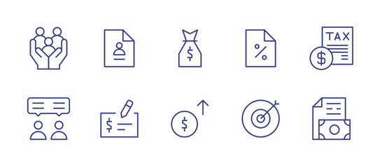 Business line icon set. Editable stroke. Vector illustration. Containing family, portfolio, money bag, tax, consultant, cheque, profit, target, business.