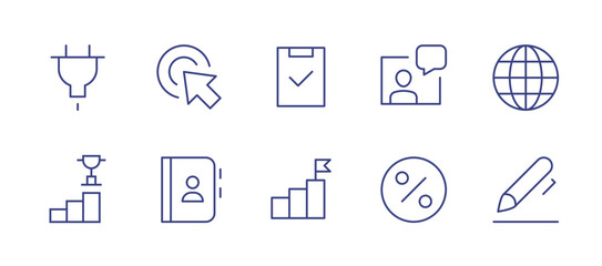 Business line icon set. Editable stroke. Vector illustration. Containing plug, goal, clipboard, virtual assistant, globe, graph, contacts, percentage, sign.