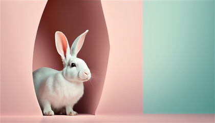 White easter bunny on a pink and blue background. Easter concept. Free space for text. Generative AI