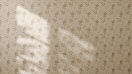Beautiful sunlight, shadow of window and leaf foliage on blank beige vintage flower pattern wallpaper wall for luxury interior design decoration, cosmetic, skincare, beauty product background 3D