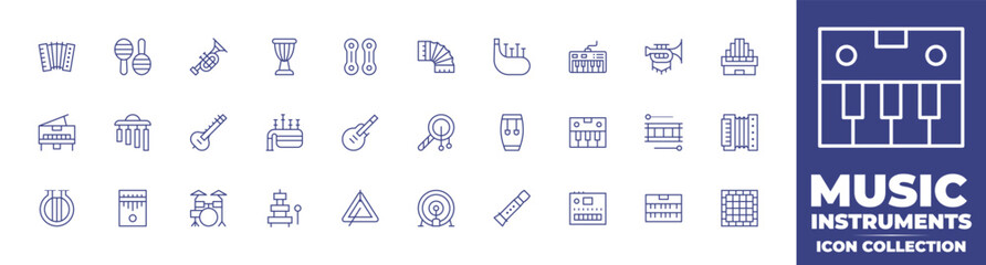Music instruments line icon collection. Editable stroke. Vector illustration. Containing accordion, maracas, trumpet, drum, qarqaba, bagpipes, piano, organ, grand piano, chimes, sitar, and more.