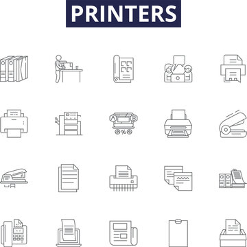 Printers line vector icons and signs. Printing, Ink, Laser, Toner, Canon, Epson, HP, Network outline vector illustration set