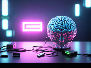 A brain connected with a computer with neon lights in the background, generative ai