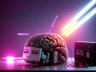 A brain connected with a computer with neon lights in the background, generative ai