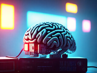 A brain connected with a computer with neon lights in the background, generative ai
