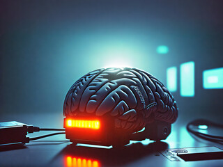 A brain connected with a computer with neon lights in the background, generative ai