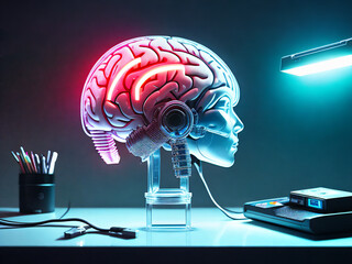 An artificial head with brains connected to a computer on a desk, generative ai